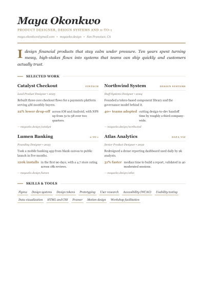 Portfolio one-pager (editorial)