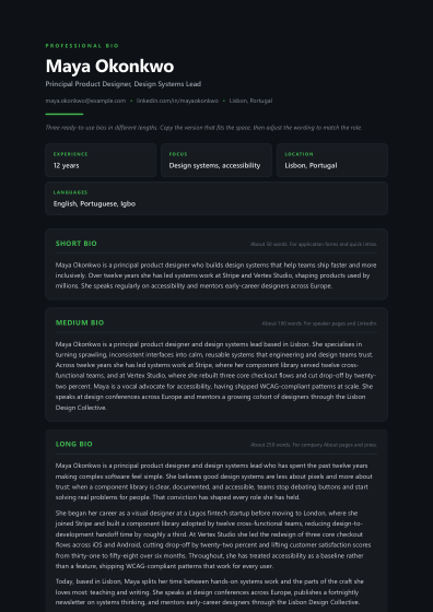 Professional bio (dark)