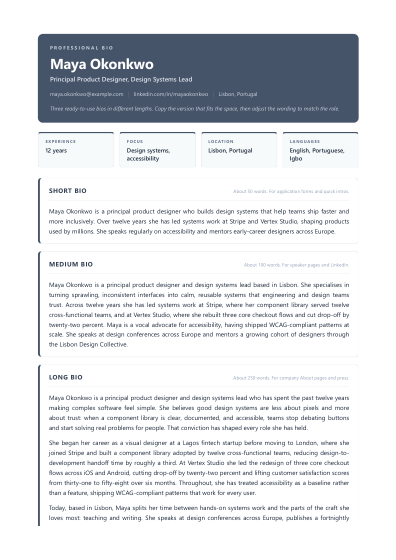 Professional bio (slate)